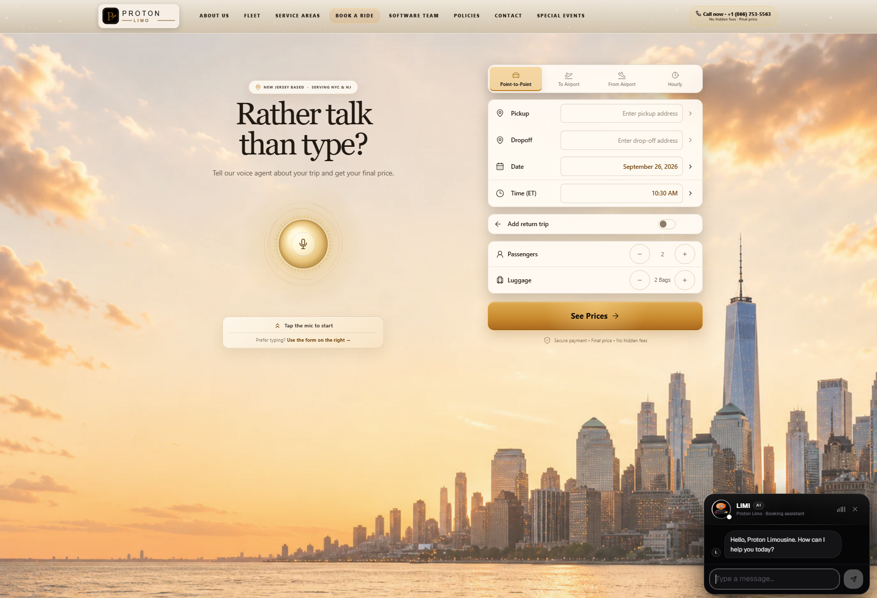Proton Limo public website with its trip request form and voice chat widget